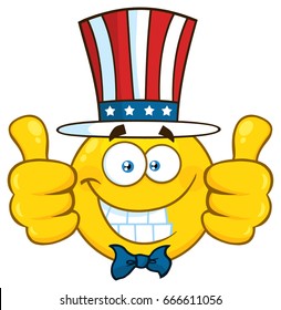 Smiling Patriotic Yellow Cartoon Emoji Face Character Wearing A USA Hat And Giving Two Thumbs Up. Vector Illustration Isolated On White Background