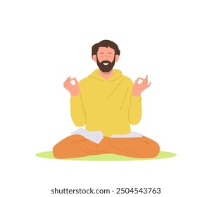 Smiling peaceful yogi man cartoon character meditating practicing breathing and stress relief