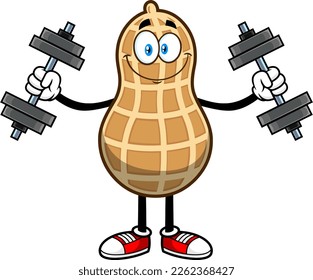Smiling Peanut Cartoon Character Training With Dumbbells. Vector Hand Drawn Illustration Isolated On Transparent Background