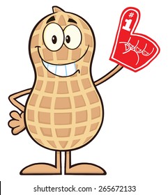 Smiling Peanut Cartoon Character Wearing A Foam Finger. Vector Illustration Isolated On White