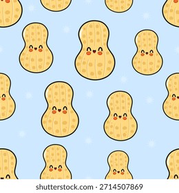 Personajes sonrientes de dibujos animados de cacahuete que crean un patrón lindo y alegre sin fisuras contra un fondo azul claro con Pequeños Elementos de estrellas blancas, enfatizando la felicidad y los temas de bocadillos