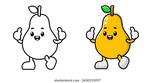 personagem de desenho animado de pera sorridente completo com esboço, ícone de pera, logotipo de pera, adequado para adesivo ou emot.