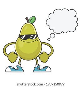 smiling pear fruit cartoon with sunglasses character isolated on white