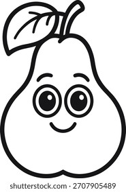 Smiling pear fruit character. Line art style for coloring book for kids activity. Simple healthy food illustration. Cute fruit mascot with leaf. Cartoon design element.