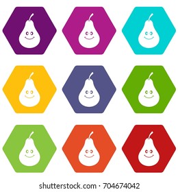 Smiling pear icon set many color hexahedron isolated on white vector illustration