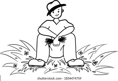Campesino sonriente con un sombrero sentado en la hierba con un puñado de heno, ilustración vectorial plana. Granjero con un montón de césped aislado personaje de caricatura sobre fondo blanco. Colorando páginas de libros para niños.