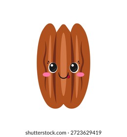 Nuez de nuez sonriente, carácter lindo y divertido de la historieta, nuez sabrosa y sana, ojos grandes, alegría de las emociones, cara feliz, estilo kawaii, ilustración de los niños del Vector del icono.
