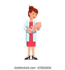 Smiling pediatrician doctor woman in white coat holding little baby boy or girl in hands. Medical nurse taking care of cute newborn child. Flat style vector illustration isolated on white background.
