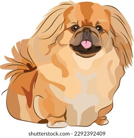 Smiling Pekingese dog. Cute pet logo design, breed small-size dog. Pet character postcard art, greeting card. Funny dog mascot. Cartoon character.