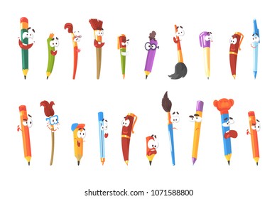 Smiling Pen, Pencils And Brushes, Set Of Animated Stationary Cartoon Characters Isolated Colorful Stickers