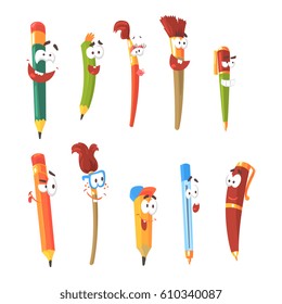Smiling Pen, Pencils And Brushes, Set Of Animated Stationary Cartoon Characters Isolated Colorful Stickers