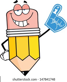 Smiling Pencil Cartoon Character With Foam Finger