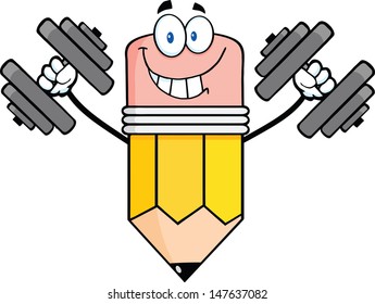 Smiling Pencil Cartoon Character Training With Dumbbells