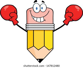 Smiling Pencil Cartoon Character Wearing Boxing Gloves
