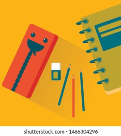 Smiling pencil case, eraser, notebook on yellow background. Back to school. Vector illustration for your banner or web design.