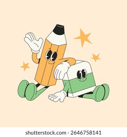 Smiling Pencil and Eraser Cartoon Characters. Retro Cartoon Style. friendship and friends