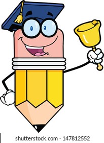Smiling Pencil Teacher Ringing A Bell