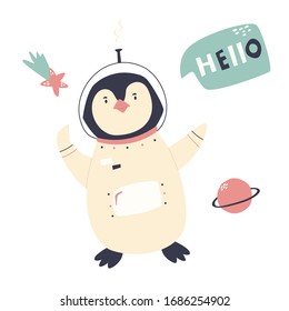 Smiling penguin in an astronaut costume. Adorable animal design. Vector illustration. Character in a space
