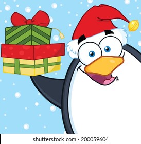 Smiling Penguin Cartoon Character Holding Up A Stack Of Gifts