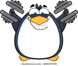 Smiling Penguin Cartoon Mascot Character Training With Dumbbells