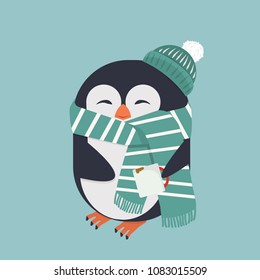 smiling penguin with coffee