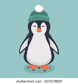 smiling penguin with green hat cartoon vector