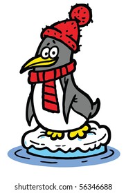 Smiling penguin with hat and scarf ion ice illustration