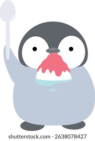 Smiling penguin holding shaved ice and spoon Strawberry flavor Simple Cute Animals and desserts Vector illustration