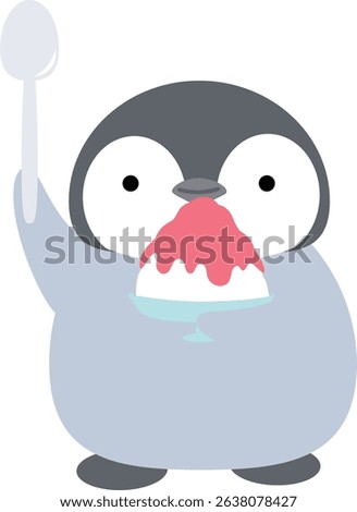 Smiling penguin holding shaved ice and spoon Strawberry flavor Simple Cute Animals and desserts Vector illustration