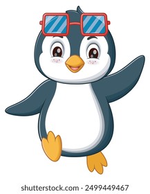 Smiling penguin in red sunglasses waving, suitable for children books, summer themed designs, greeting cards, and social media posts