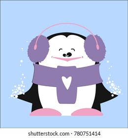 smiling penguin with snow, scarf and headphones