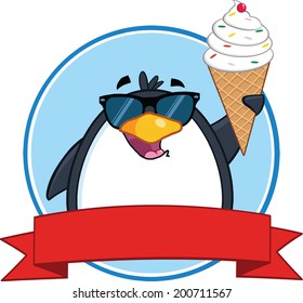 Smiling Penguin With Sunglasses And Ice Cream Circle Banner