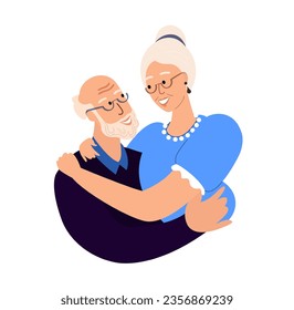 Smiling Pensioners Elder Senior couple.Happy elderly retired man hug his woman.Happy relationships.Old Senior spouse on lomantic date,relationships.Flat vector illustration isolated,white background