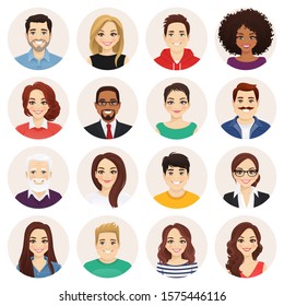 Grupo de avatar de gente sonriente. Colección de personajes de hombres y mujeres. Ilustración vectorial aislada.