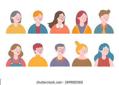 Smiling people avatar set. Different men and women characters collection.