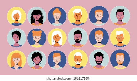 Un avatar de gente sonriente. Colección de personajes de diferentes hombres y mujeres. Ilustración vectorial aislada en fondo rosa