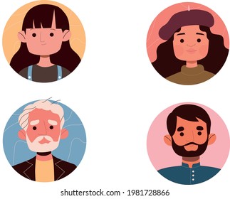 Smiling people avatar set. Different men and women characters collection. Isolated vector illustration.. Man avatar  flat style, happy expressions. Cute and simple flat cartoon style. Diverse faces


