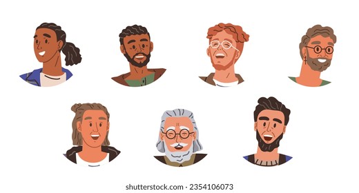 Un avatar de gente sonriente. Colección de personajes de diferentes hombres y mujeres. Retratos aislados vectoriales multiétnicos con emociones positivas de alegría y felicidad. Conjunto de amigos alegres y sonrientes