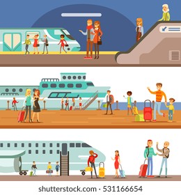 Smiling People Boarding Different Transport, Metro, Plane And Ship Set Of Cartoon Scenes With Happy Travelers