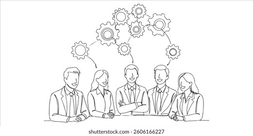 smiling people in business outfits with gears on top talking to each other continuous single line art drawing sketch on white background
