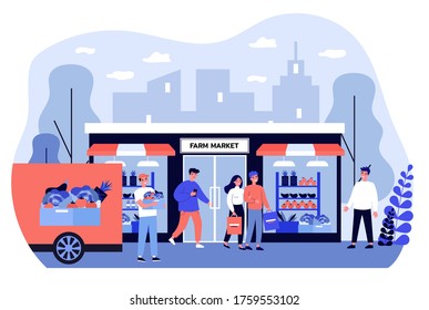 Smiling people buying organic food at farm market. Meal, fruit, vegetable flat vector illustration. Delivery, health and nutrition concept for banner, website design or landing web page