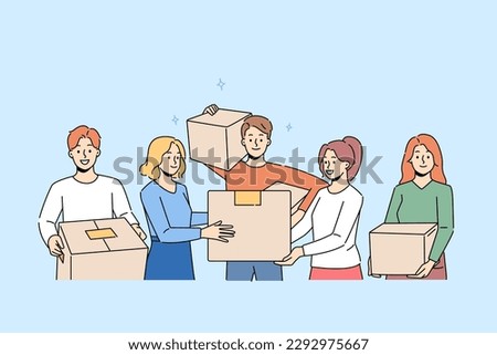Smiling people with cardboard boxes moving together. Happy men and women with packages engaged in relocation to new home. Vector illustration. 