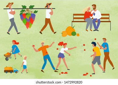 Smiling people carrying grapes, man and woman sitting on bench, throwing tomatoes game, kids with pumpkin. Harvest festival in Europe, vegetable. Funny spending time on harvest festival. Flat cartoon