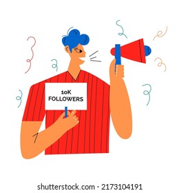 Smiling people celebrate large number of followers on social media.  successful strategies. Blogging concept, influencer marketing, network promotion, SMM banner, landing page,flyer.