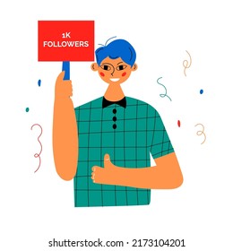 Smiling people celebrate large number of followers on social media.  successful strategies. Blogging concept, influencer marketing, network promotion, SMM banner, landing page,flyer.