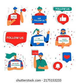 Smiling people celebrate large number of followers on social media. PSet of signs for successful strategies. Blogging concept, influencer marketing, network promotion, SMM banner, landing page.