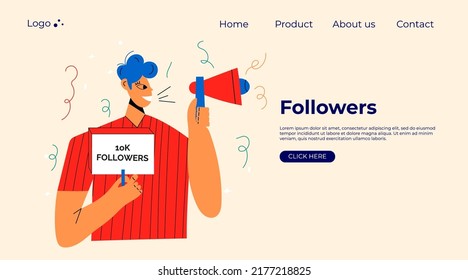 Smiling people celebrate large number of followers on social media.  Blogging concept, influencer marketing, network promotion, SMM banner, landing page