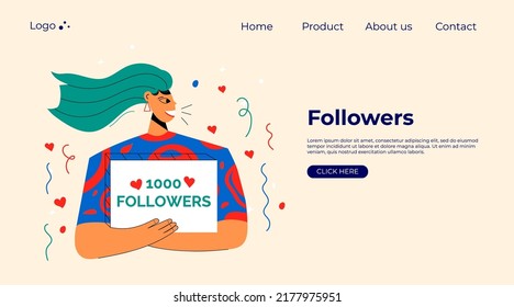 Smiling people celebrate large number of followers on social media.  Blogging concept, influencer marketing, network promotion, SMM banner, landing page