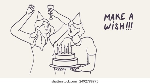 Gente sonriente celebrando la fiesta de cumpleaños con pastel. Equipo o amigos durante la celebración de vacaciones o aniversario. Línea dibujada a mano Ilustración vectorial gráfica para el Anuncio, tarjeta de felicitación o invitación.