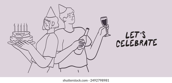 Gente sonriente celebrando la fiesta de cumpleaños con pastel. Equipo o pareja durante la celebración de vacaciones o aniversario. Línea dibujada a mano Ilustración vectorial gráfica para el Anuncio, tarjeta de felicitación o invitación.